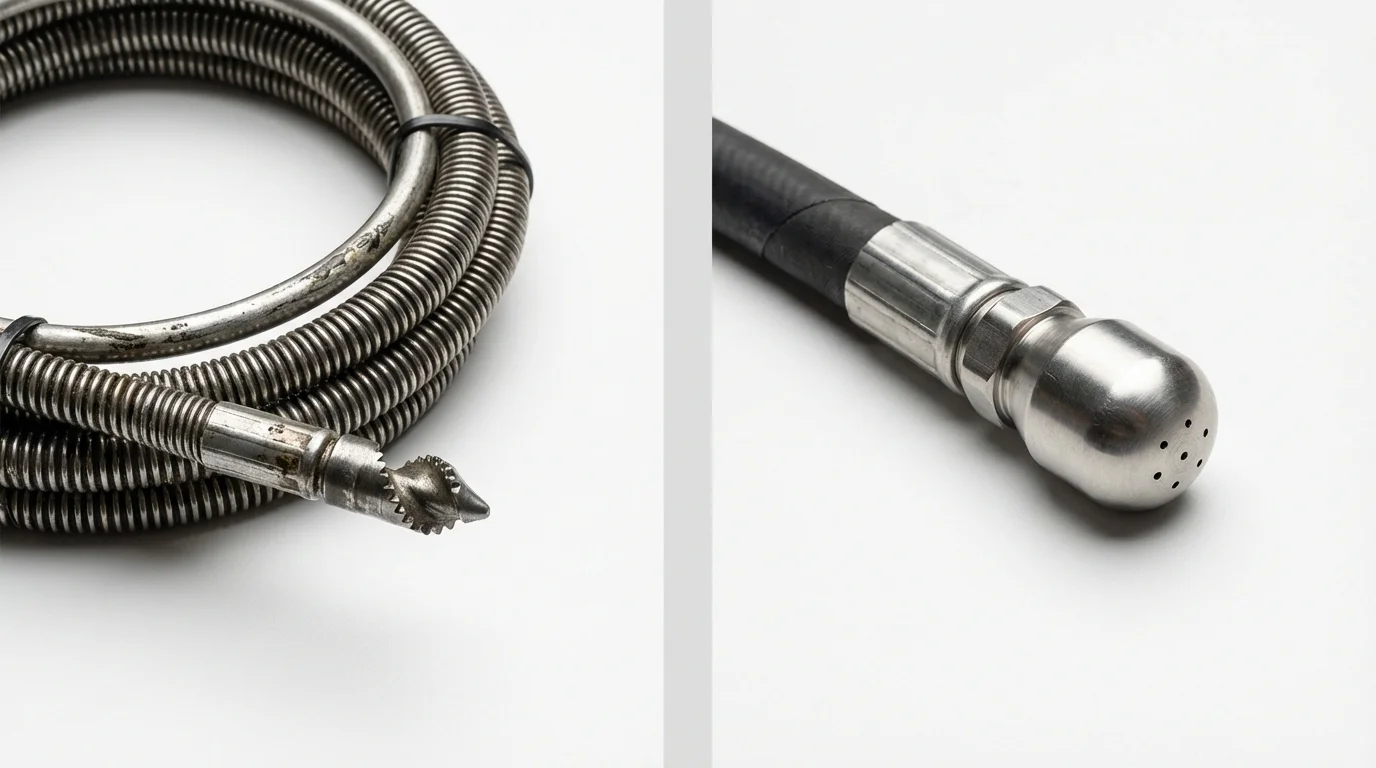 Drain snake cable and hydro jetting nozzle used for drain cleaning in Patten, ME