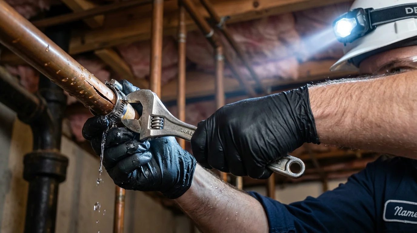 Emergency pipe clamp repair being performed by a Johns Plumbing LLC plumber in Patten