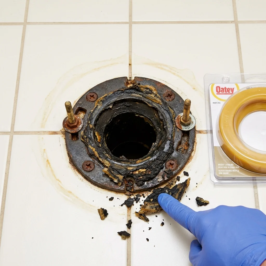 Failed wax ring showing water seepage at the base of a toilet in a Patten, ME home